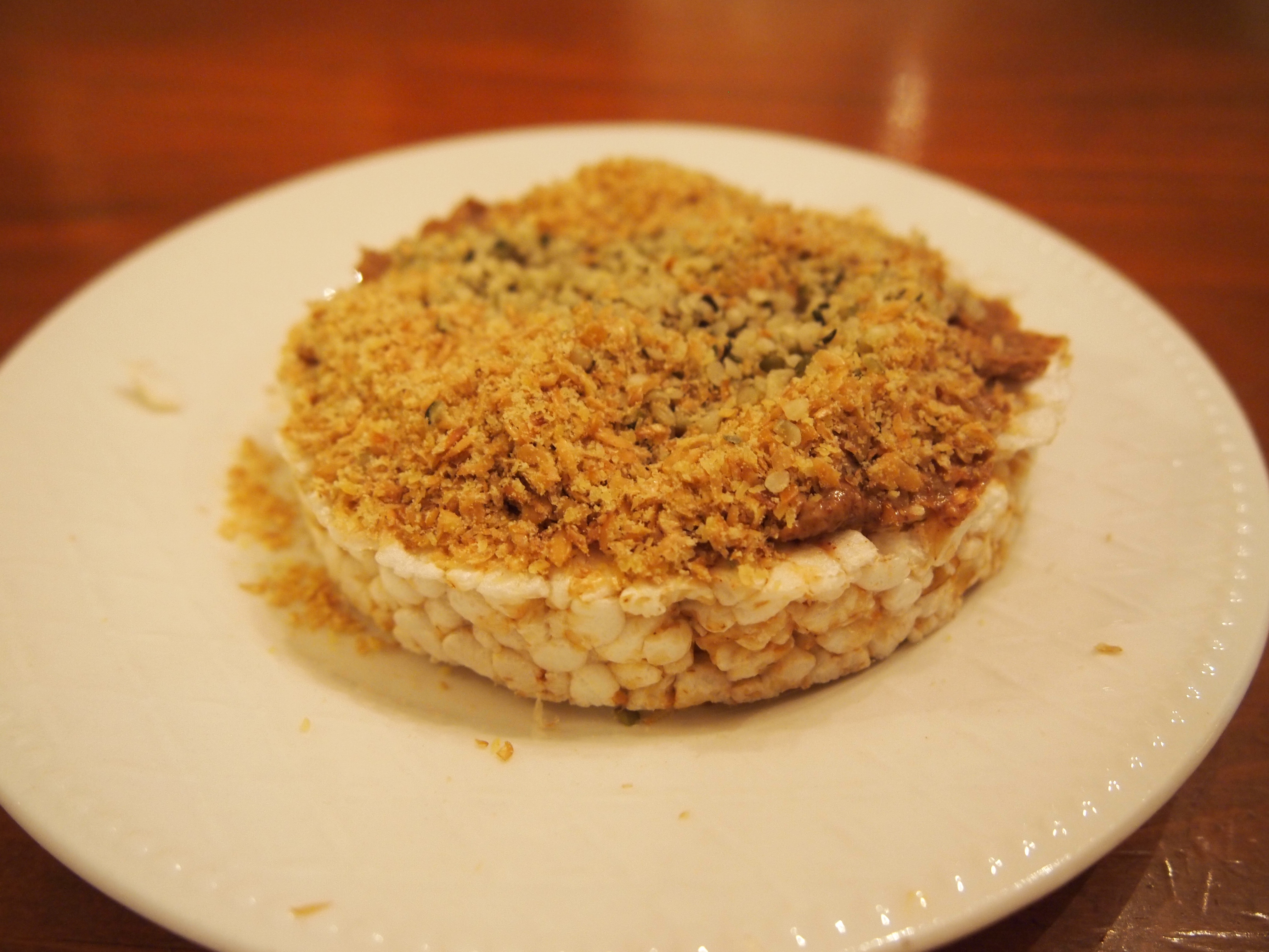 Mid-morning snack #3 - Rice cake, almond butter, Hemp Hearts & Ground Flax Seeds