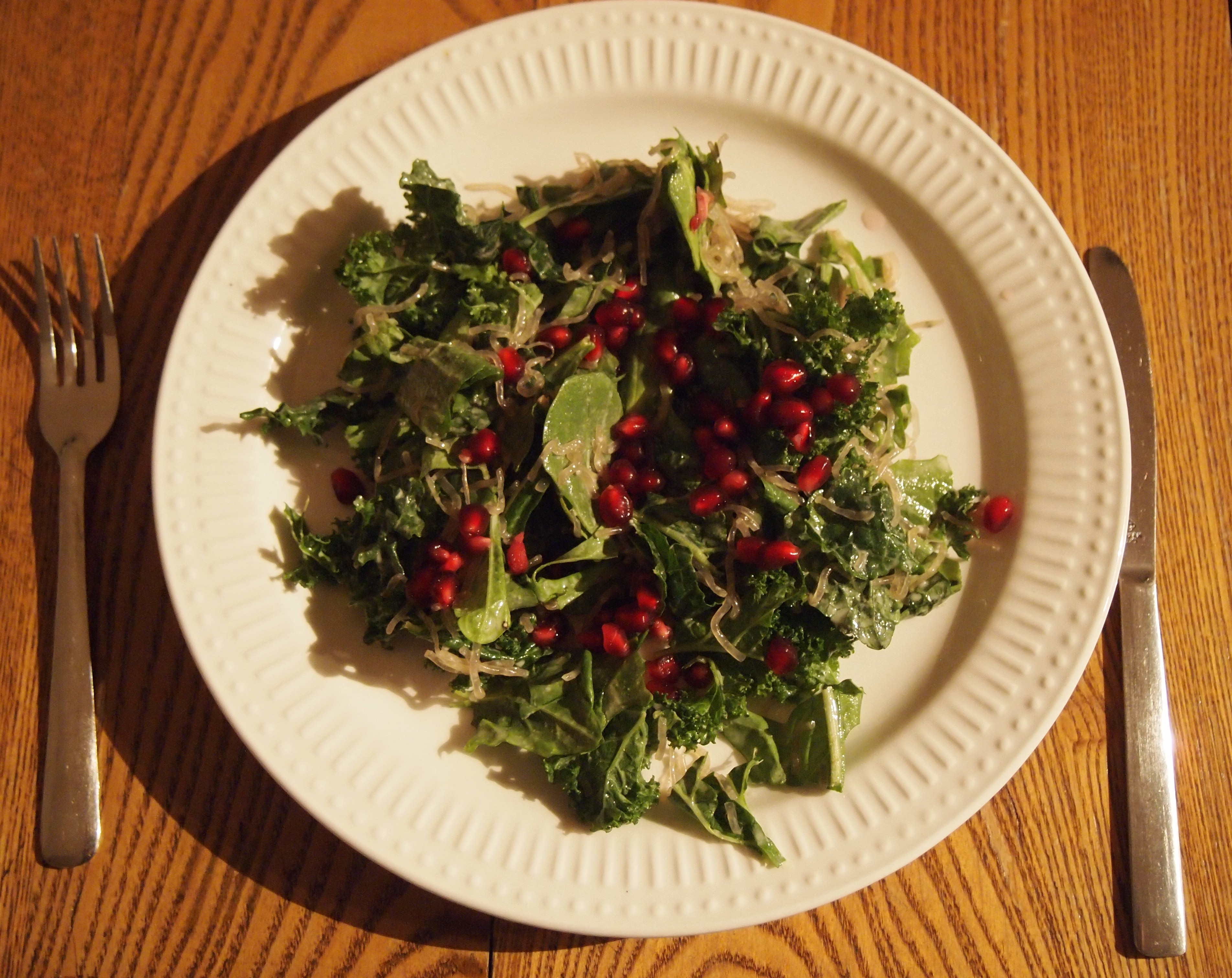 Red Pomegranate, Leafy Greens and Kelp Noodle Salad - so colourful