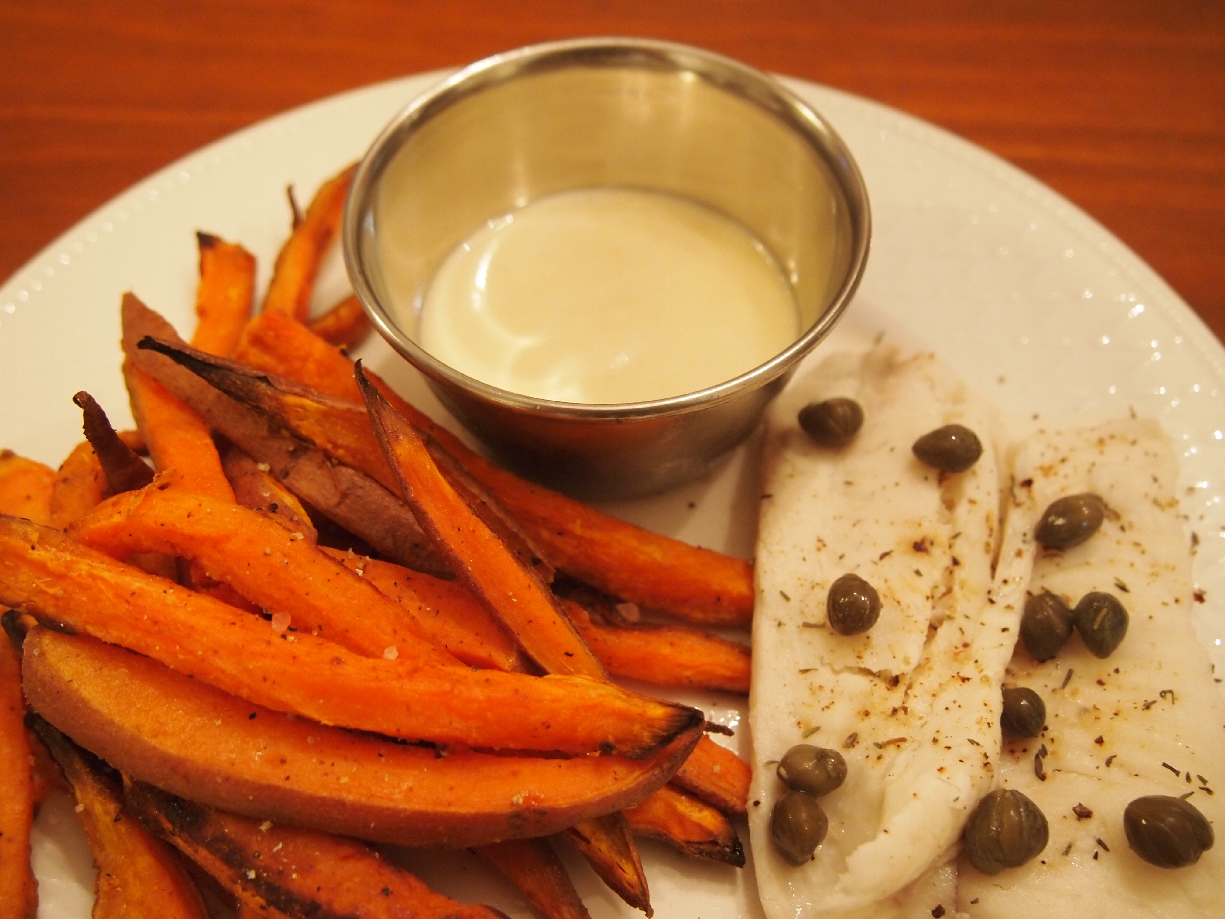 Generation Dip with Generation Sweet Potato Fries and Fish with Cappers